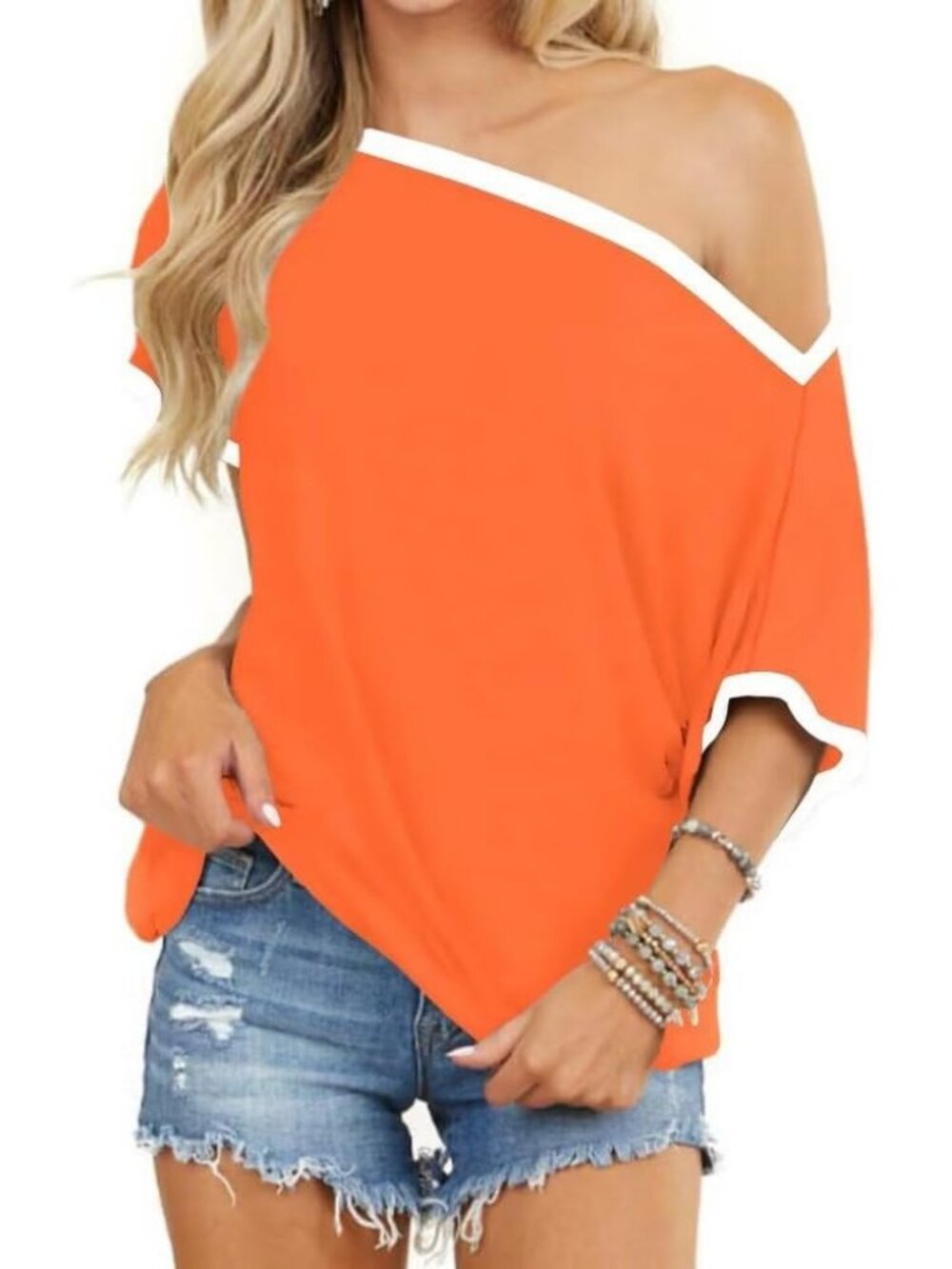 Women Orange Off Shoulder Short Sleeve Summer Casual Oversized Batwing Tunic Top